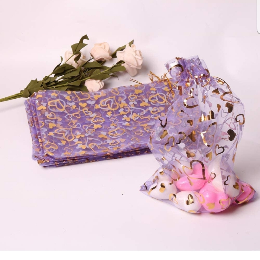 10 ct  Approx. 7.8x11.8 inch(W x L) Light Purple Organza bag with Gold H…